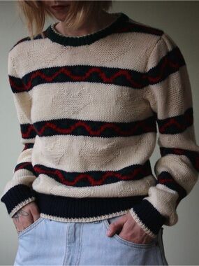 1990's SKYR Hand Knit Striped Heart Motif Wool Sweater